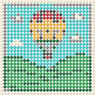 Hot air balloon over green hills fuse bead pattern, full square