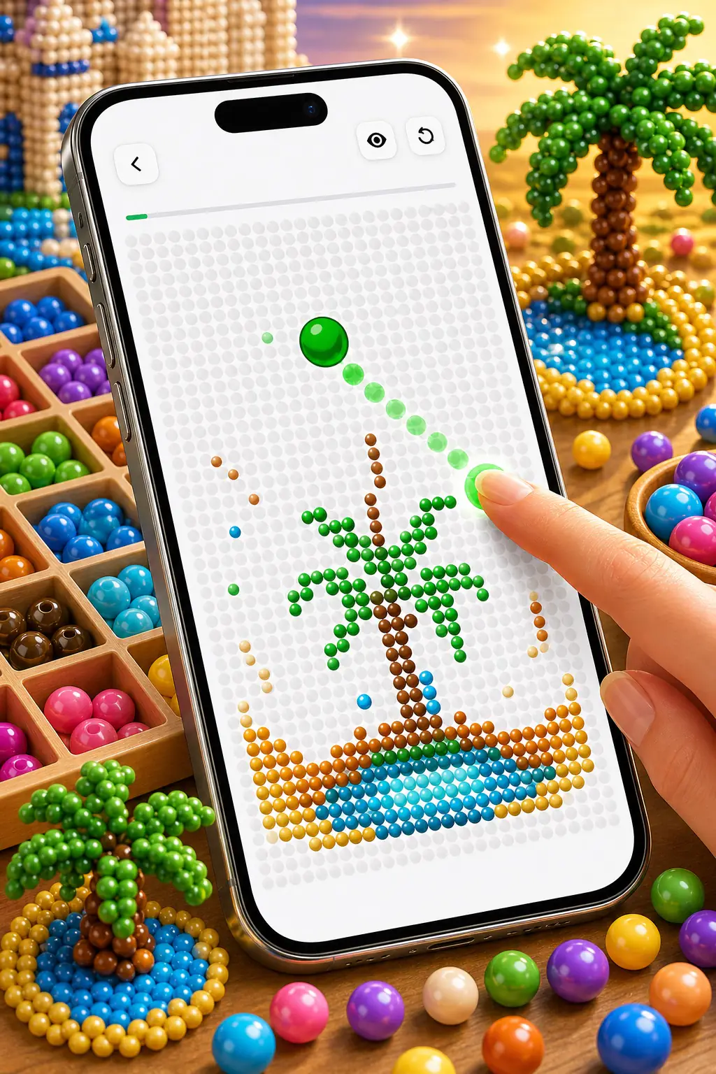 Bead Art gameplay on an iPhone with colorful beads